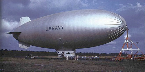 US Navy K-class airship locked into a mooring mast at NAS Lakehurst, New Jersey, United States, 1943.