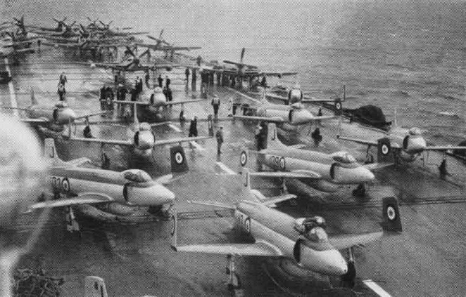 Attacker FB.2, Firefly FR.4, and Firebrand TF.4 aircraft aboard HMS Eagle, 1952-1953; seen in Mar 1953 issue of US Navy publication Naval Aviation News