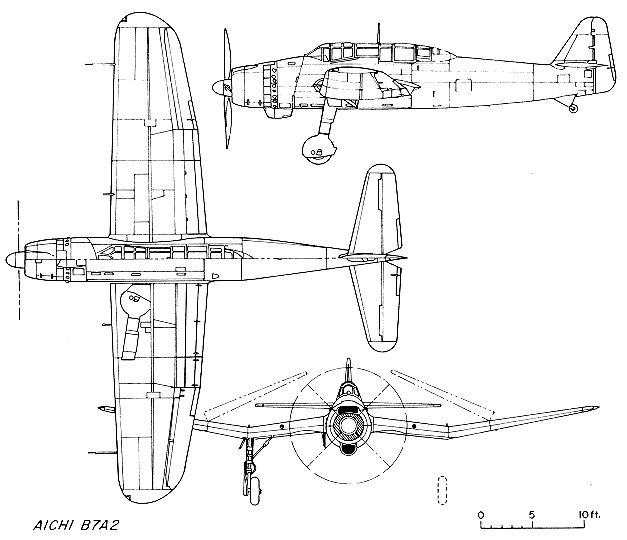 Line drawing of Aichi B7A Ryusei torpedo bomber (Allied code name 'Grace'), 1945.