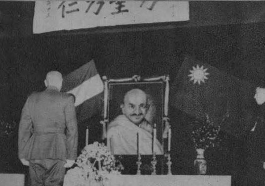Chiang Kaishek at a memorial service for the recently assassinated Mohandas Gandhi, Nanjing, China, Feb 1948