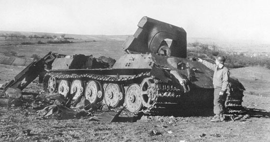 Destroyed Jagdtiger tank destroyer, near Rimling in eastern France, Jan 1945