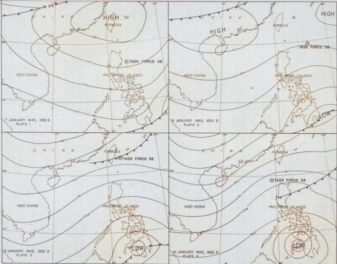 Four-part weather map of the South China Sea for Jan 7 to 10, 1945. Note daily positions of Task Force 38. [Colorized by WW2DB]