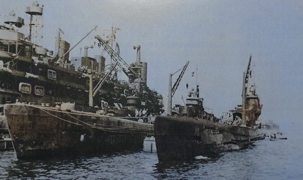 USS Proteus, I-401, and I-14, Yokosuka, Japan, 29 Aug 1945 [Colorized by WW2DB]
