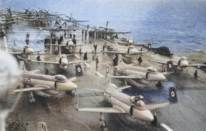 Attacker FB.2, Firefly FR.4, and Firebrand TF.4 aircraft aboard HMS Eagle, 1952-1953; seen in Mar 1953 issue of US Navy publication Naval Aviation News [Colorized by WW2DB]