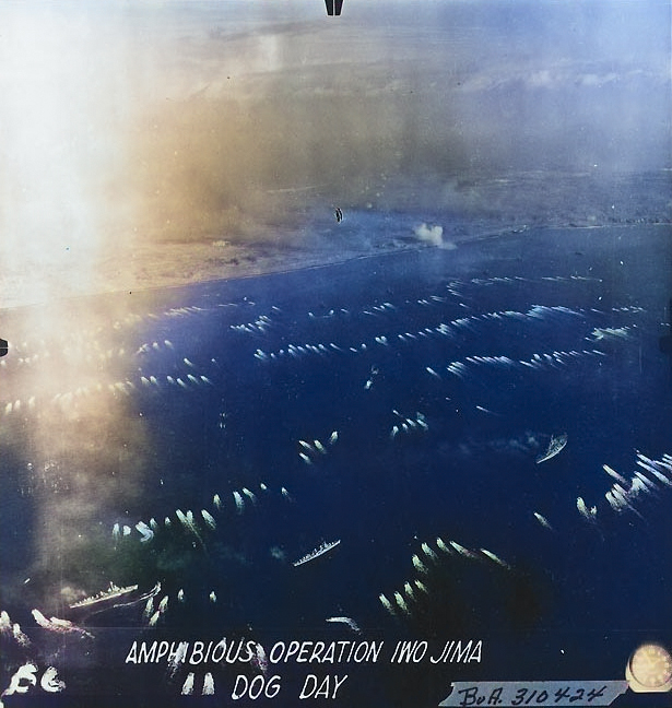 The first wave of landing craft at Iwo Jima, 19 Feb 1945, photo 5 of 6 [Colorized by WW2DB]