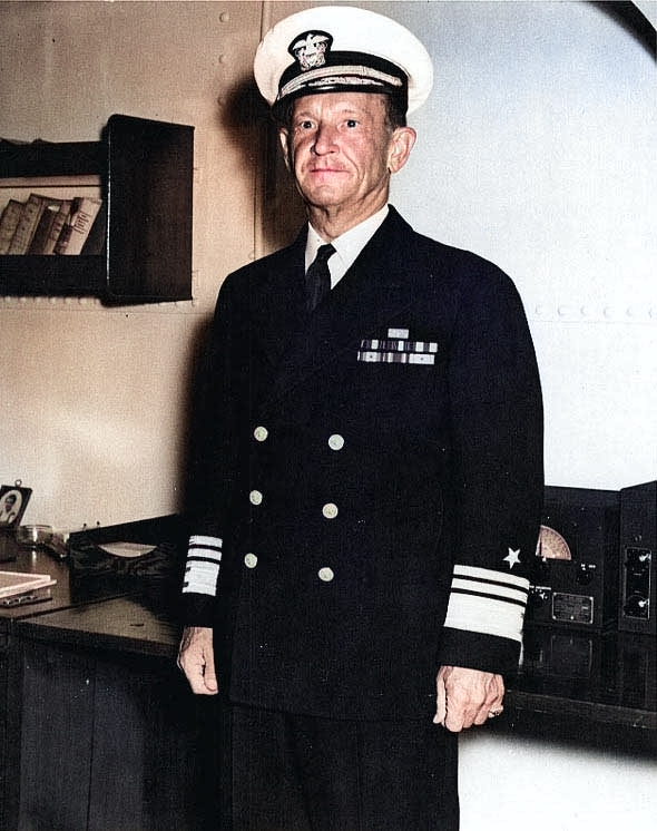 Vice Admiral Frank Jack Fletcher, commander of Task Force 61 in support of the Guadalcanal landings, aboard his flagship USS Saratoga, 17 Sep 1942. Photo 2 of 2. [Colorized by WW2DB]