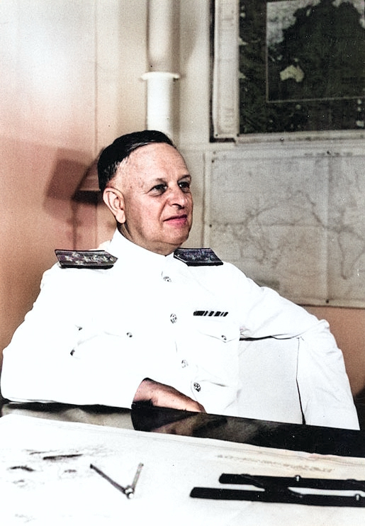 Admiral Husband Kimmel at the headquarters of the US Navy Pacific Fleet, Pearl Harbor, US Territory of Hawaii, Feb-Dec 1941 [Colorized by WW2DB]