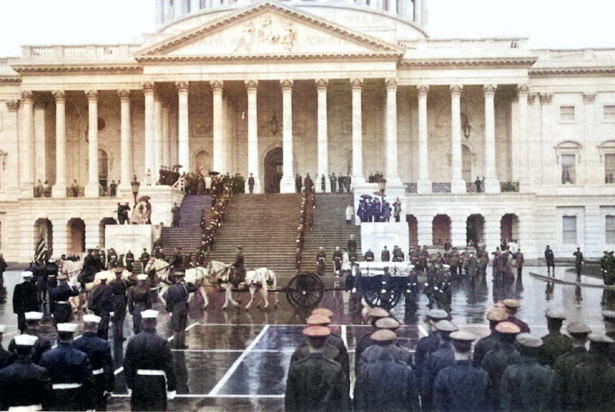 Douglas MacArthur's funeral procession arriving at the Capitol building, Washington DC, United States, 8 Apr 1964 [Colorized by WW2DB]