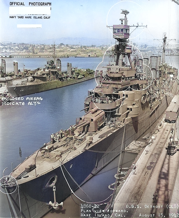 Detroit at the Mare Island Navy Yard, California, United States, 15 Aug 1942, photo 1 of 3; note destroyer Preston in background [Colorized by WW2DB]