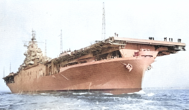 USS Yorktown departing Newport News, Virginia, United States en route to her commissioning ceremony, 15 Apr 1943 [Colorized by WW2DB]