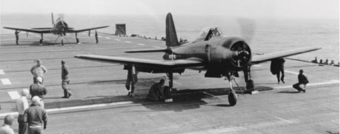Two US Navy FR-1 Fireball fighters during carrier qualifications aboard aircraft carrier USS Ranger, May 1945