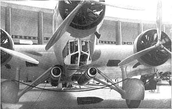 Close-up view beneath SM.81 bomber's nose, date unknown