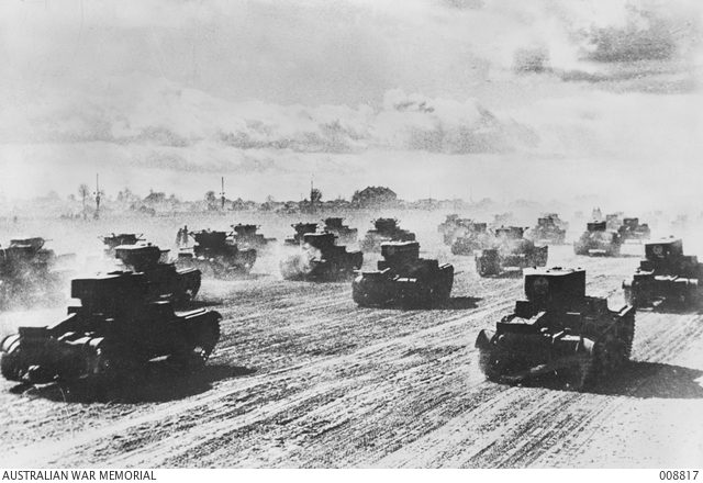 Soviet tanks moving westward to meet the German invasion, 22 Jun 1941