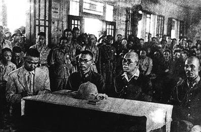 Yasuji Okamura and other Japanese officers at the surrender ceremony at the auditorium of the Chinese Military Academy, Nanjing, China, 9 Sep 1945