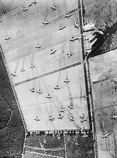 Reconnaissance aerial photo showing British Horsa and Hamilcar gliders on Landing Zone 'Z' near Wolfheze woods, west-north-west of Arnhem, Operation Market I, 17 Sep 1944
