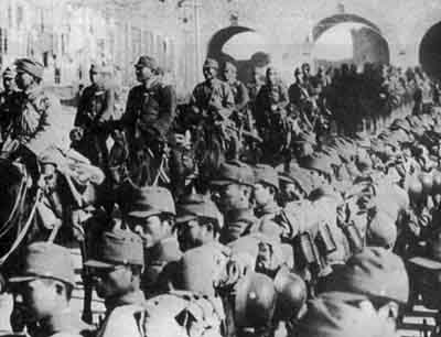 Japanese troops parading in Nanjing, China, 17 Dec 1937