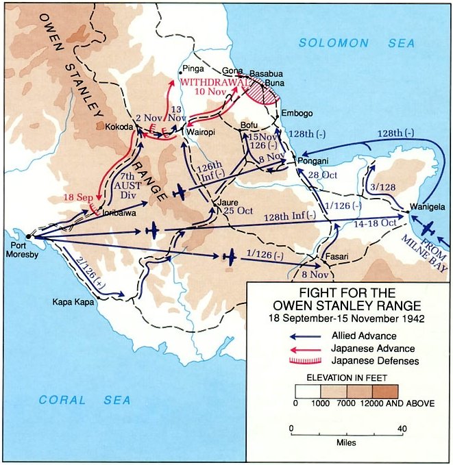 Map depicting Japanese attack and withdraw over the Owen Stanley Range, New Guinea, 18 Sep-15 Nov 1942