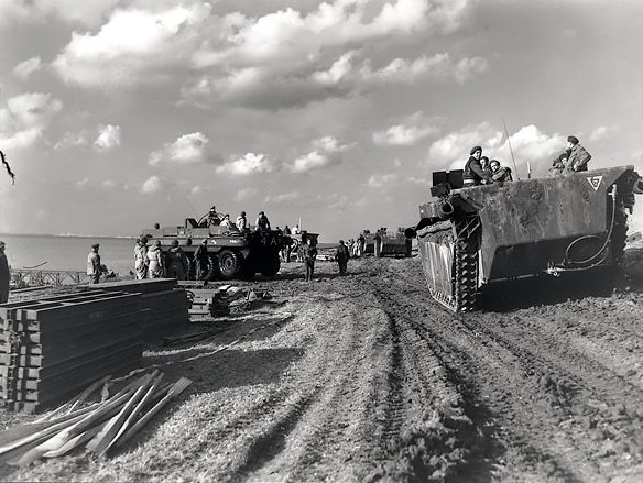 A column of Canadian Alligator amphibious vehicles passing 'Terrepin' amphibious vehicles on the Scheldt River near Terneuzen, the Netherlands, 13 Oct 1944