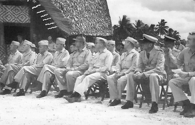 American officers at Guadalcanal, Solomon Islands, circa 1943; among them were Brigadier General A. F. Howard, Rear Admiral Theodore Wilkinson, Major General Charles D. Barrett, and Major General Robert S. Beighter
