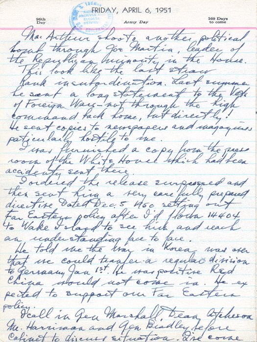 Harry Truman diary entry regarding recalling Douglas MacArthur, 6 Apr 1951