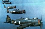 Five P-47Bs of the 61st Fighter Sqdn in a training flight over Bridgeport, Conn, US, Sep-Oct 1942. 56th Fighter Group Commander Hub Zemke flies plane #1, which is why the cowling band is divided into the 3 colors of the group’s 3 squadrons.  Photo 1 of 2.
