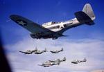 Seven SBD Dauntless dive-bombers in flight, 1942-43.