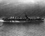 Light Carrier USS Princeton with a deck full of aircraft on her shakedown cruise, 31 May 1943 off Antigua. Photo 3 of 4