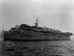 With her deck loaded with aircraft, Light Carrier USS Belleau Wood riding at anchor off Hunters Point Naval Shipyard, San Francisco, California, United States, 19 Jan 1945