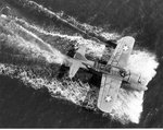 Overhead view of an OS2U Kingfisher underway after making a water landing at NAS Jacksonville, Florida, United States, Mar 1943.