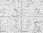 Four-part weather map of the South China Sea for Jan 7 to 10, 1945. Note daily positions of Task Force 38.