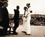 Japanese policemen working with US Navy shore patrol personnel, Japan, Sep 1945