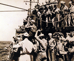 A Japanese officer being transported aboard USS Missouri in a boatswain