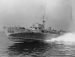 PT-396, an American built British Vosper design 70-foot motor torpedo boat during builder trials off New York, Aug 1944. Note that the censors scratched out the radar atop the mast.