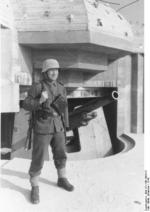 German soldier guarding a coastal fortification, France, 1944