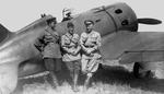 Soviet officers in front of a Russian Polikarpov I-16 fighter, 1930s-1940s.