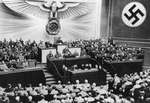 Adolf Hitler giving a speech to the Reichstag, Kroll Opera House, Berlin, Germany, 1 Sep 1939.