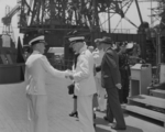 Commissioning ceremony of USS New Jersey, Philadelphia Navy Yard, Pennsylvania, United States, 23 May 1943, photo 06 of 25; note Captain Carl Holden on left
