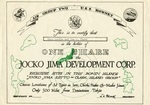 Stock Certificate for the Jocko Jima Development Company created by the pilots of the USS Hornet (Essex-class), 1944, due to Jocko Clark’s obsessive interest in attacking the “Jima” islands (the Bonins).