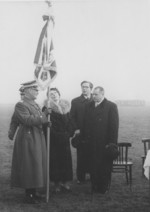 General Józef Zajac, President Stefan Starzynski, and others with an anti-aircraft artillery banner, Poland, Nov 1938