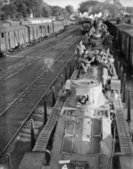Men of British 4th Royal Tank Regiment and Matilda I tanks aboard a train traveling between Cherbourg and Amiens, France, 28 Sep 1939, photo 1 of 2