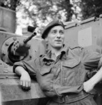 Trooper E. McGuiness, gunner of a Churchill tank of B Squadron, 107th Regiment Royal Armoured Corps, UK 34th Tank Brigade in France, 17 Jul 1944