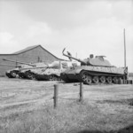 Four German heavy armored fighting vehicles at the Henschel tank testing ground at Haustenbeck near Paderborn, Germany, Jun 1945