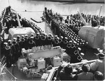 Joint commissioning ceremony for USS Nicholas (left) and USS O’Bannon at Mare Island, Vallejo, California, 15 Feb 1951. Note Nicholas’s No. 2 gun mount has been replaced with a hedgehog anti-submarine spigot mortar.