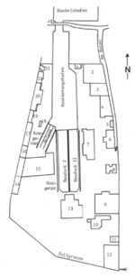 Plan of the Seebeckwerft shipyard at the Geestemünde Handelshafen basin, Bremerhaven, Germany, 1906-1910