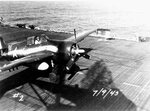 FM2 Wildcat of Composite Squadron VC-93 after getting caught in the crash barrier cables aboard escort carrier USS Steamer Bay 850 miles southeast of Japan, 9 Jul 1945.