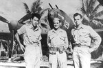 The three survivors of the Yamamoto mission attack section, Captain Thomas Lanphier (section leader), Lieutenant Besby Holmes, and Lt Rex Barber at Kukum Field, Guadalcanal, Solomon Islands, 19 Apr 1943.