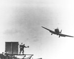 TBD-1 Devastator torpedo bomber of Torpedo Squadron 6 landing on Enterprise, 4 May 1942.