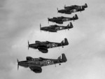 P.82 Defiant turret fighters flying in formation, circa 1940s