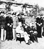 Franklin Roosevelt and Winston Churchill at Casablanca Conference, French Morocco 22 Jan 1943; rear row L to R: Henry Arnold, Ernest King, George Marshall, Dudley Pound, Charles Portal, Alan Brooke, John Dill, Louis Mountbatten