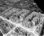 Aerial view of burned out buildings near Eilbektal Park (background) and the intersection of Eilbeker Weg and Rückertstraße (center of photo), Hamburg, Germany, circa 1944-1945